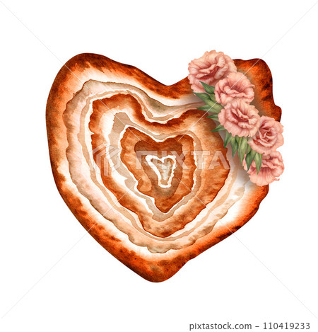 Watercolor heart with stone texture with eustoma flowers in a fashionable peach fuzz palette for Valentine's Day, horoscope, alchemy, magic, Halloween, for health amulet, postcard, stickers 110419233