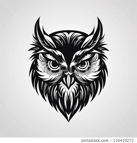 Angry predatory owl, logo, monochrome drawing, bird Icon, owl symbol, angry bird portrait, predator pictogram, for laser engraving Angry predatory owl, logo, monochrome drawing, bird Icon, owl symbol, angry bird portrait, predator pictogram, for laser engraving 110419272