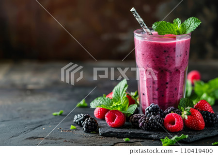 Mixed berry smoothie garnished with fresh fruit and mint. Generative AI 110419400