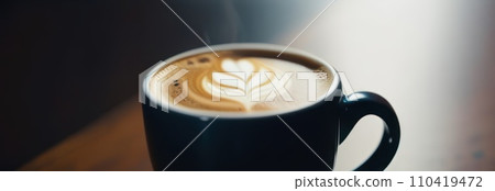 Cup of hot coffee on dark background.Long photo banner for website header design with copy space. Cafe menu concept idea background. Cup of hot coffee on dark background.Long photo banner for website header design with copy space. Cafe menu concept idea background. 110419472