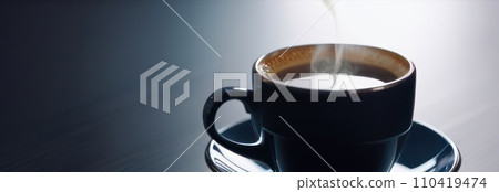 Cup of hot coffee on dark background.Long photo banner for website header design with copy space. Cafe menu concept idea background. Cup of hot coffee on dark background.Long photo banner for website header design with copy space. Cafe menu concept idea background. 110419474
