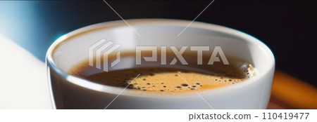 Cup of hot coffee on dark background.Long photo banner for website header design with copy space. Cafe menu concept idea background. 110419477