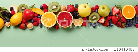 Panoramic wide organic healthy food background. Healthy vegan vegetarian food vegetables and fruits, copy space, banner. Food supermarket and clean vegan eating concept. 110419493