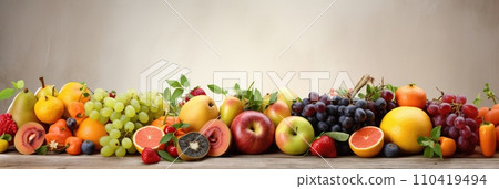 Panoramic wide organic healthy food background. Healthy vegan vegetarian food vegetables and fruits, copy space, banner. Food supermarket and clean vegan eating concept. 110419494