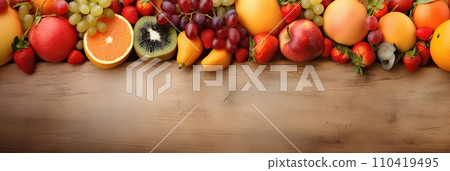 Panoramic wide organic healthy food background. Healthy vegan vegetarian food vegetables and fruits, copy space, banner. Food supermarket and clean vegan eating concept. 110419495