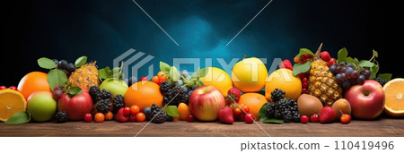 Panoramic wide organic healthy food background. Healthy vegan vegetarian food vegetables and fruits, copy space, banner. Food supermarket and clean vegan eating concept. 110419496