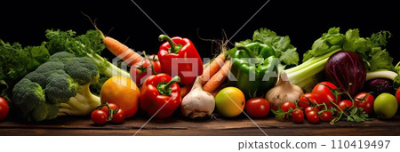 Panoramic wide organic healthy food background. Healthy vegan vegetarian food vegetables and fruits, copy space, banner. Food supermarket and clean vegan eating concept. Panoramic wide organic healthy food background. Healthy vegan vegetarian food vegetables and fruits, copy space, banner. Food supermarket and clean vegan eating concept. 110419497