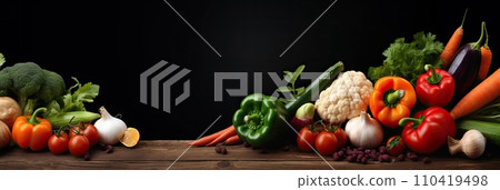 Panoramic wide organic healthy food background. Healthy vegan vegetarian food vegetables and fruits, copy space, banner. Food supermarket and clean vegan eating concept. 110419498