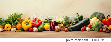 Panoramic wide organic healthy food background. Healthy vegan vegetarian food vegetables and fruits, copy space, banner. Food supermarket and clean vegan eating concept. Panoramic wide organic healthy food background. Healthy vegan vegetarian food vegetables and fruits, copy space, banner. Food supermarket and clean vegan eating concept. 110419499