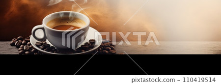 Cup of hot coffee with coffee beans on brown background.Long photo banner for website header design with copy space. Cafe menu concept idea background. 110419514