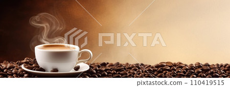Cup of hot coffee with coffee beans on brown background.Long photo banner for website header design with copy space. Cafe menu concept idea background. 110419515