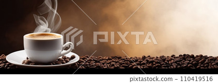 Cup of hot coffee with coffee beans on brown background.Long photo banner for website header design with copy space. Cafe menu concept idea background. 110419516