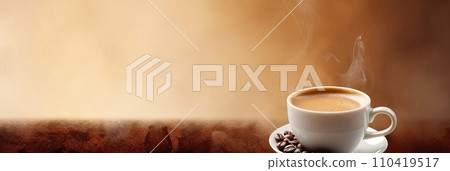 Cup of hot coffee with coffee beans on brown background.Long photo banner for website header design with copy space. Cafe menu concept idea background. 110419517