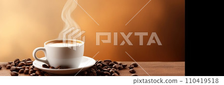 Cup of hot coffee with coffee beans on brown background.Long photo banner for website header design with copy space. Cafe menu concept idea background. 110419518