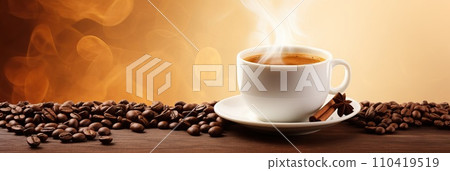 Cup of hot coffee with coffee beans on brown background.Long photo banner for website header design with copy space. Cafe menu concept idea background. 110419519