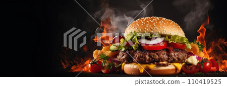 Delicious and tasty juicy burger on dark background. Concept design for wide web banner graphic design, advertising, food photography, food styling, food presentation, branding, poster. Copy Space. 110419525
