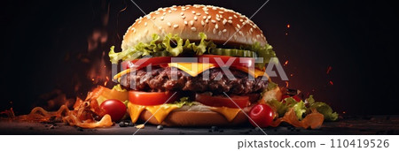 Delicious and tasty juicy burger on dark background. Concept design for wide web banner graphic design, advertising, food photography, food styling, food presentation, branding, poster. Copy Space. 110419526