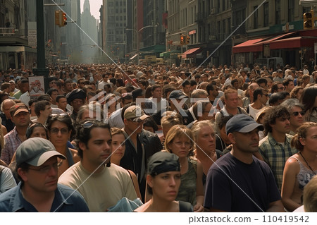Protest rally in World crisis. Crowds of unemployed people on street during rally. 110419542