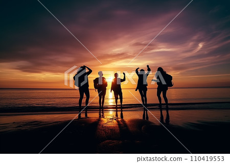 Bitch barty. Silhouette of group of people at sunset on beach party.  110419553