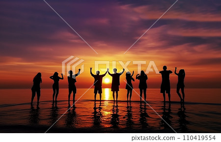 Bitch barty. Silhouette of group of people at sunset on beach party. Bitch barty. Silhouette of group of people at sunset on beach party. 110419554