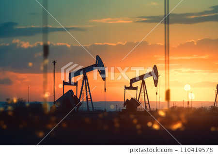 Oil drill rig and drilling derrick. Crude oil Pumpjack on oilfield on sunset Oil drill rig and drilling derrick. Crude oil Pumpjack on oilfield on sunset 110419578