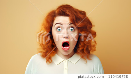 Young shocked surprise ginger chubby woman. Young shocked surprise ginger chubby woman. 110419758