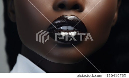 Beautiful female lips and slightly open mouth close-up. Portrait macro of the lower face of an African woman. An alluring charm. Design for an article, a website for the beauty industry. 110419765