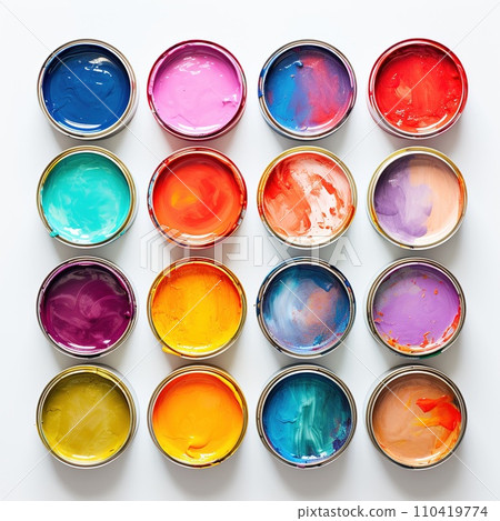 Cans of paint on white background. Top view. Flat lay Cans of paint on white background. Top view. Flat lay 110419774