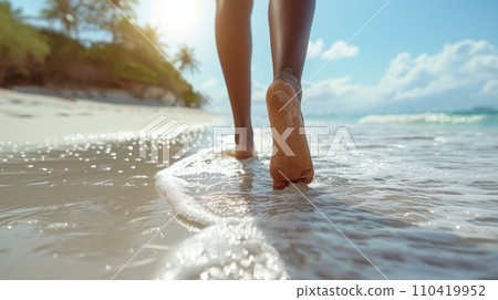 AI-generated content. Woman walking barefoot on a tropical beach. Sunny morning AI-generated content. Woman walking barefoot on a tropical beach. Sunny morning 110419952