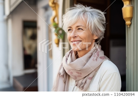 Portrait of happy senior woman standing in front of the house door. Portrait of happy senior woman standing in front of the house door. 110420094