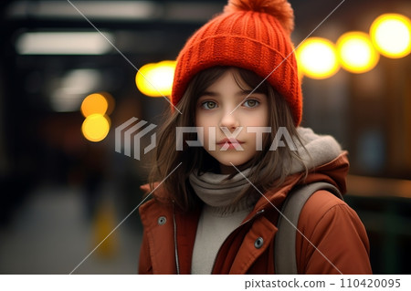 Portrait of a beautiful young girl in a red hat and coat Portrait of a beautiful young girl in a red hat and coat 110420095