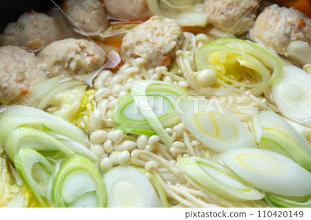 蔬菜和雞肉丸子湯,烹飪場景。 蔬菜和雞肉丸子湯,烹飪場景。 110420149