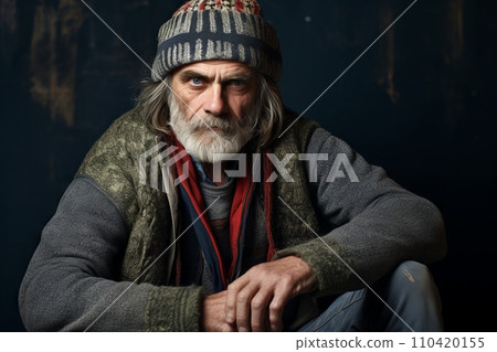 Portrait of an old man with a long gray beard and mustache in a knitted cap on a dark background. Portrait of an old man with a long gray beard and mustache in a knitted cap on a dark background. 110420155