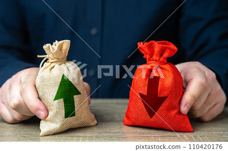 Positive and negative properties and qualities. Two bags with an up and down arrow. Risk planning. Advantages and disadvantages. Evaluating profit and losses. Benefits and drawbacks. 110420176
