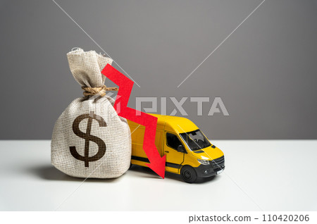 Delivery van and dollar money bag with red arrow down. Decreased profits from delivering online orders. Transport industry. Trade and sale of goods. Low customer spending for online shopping. 110420206