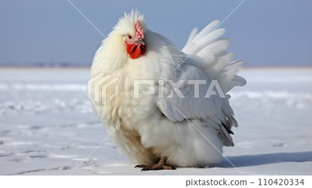 AI-generated content. A white chicken standing in the snow with a red beak, AI 110420334