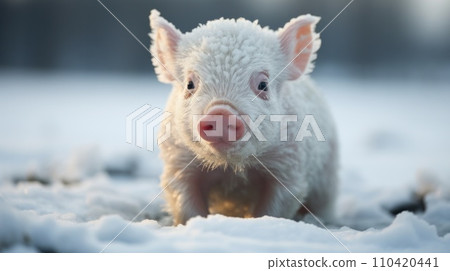 AI-generated content. A small pig is standing in the snow with its eyes open, AI 110420441