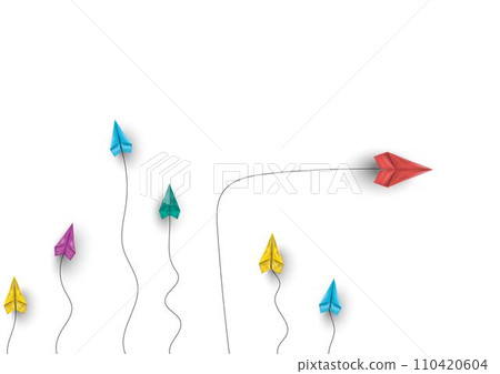 Group of paper airplanes flying.Paper plant in one direction and one red paper plant pointing in different way on background.Unique,out standing.Vector concept inspiration and think different concept. Group of paper airplanes flying.Paper plant in one direction and one red paper plant pointing in different way on background.Unique,out standing.Vector concept inspiration and think different concept. 110420604