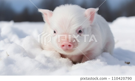 AI-generated content. A small pig is laying in the snow with its eyes closed, AI 110420790