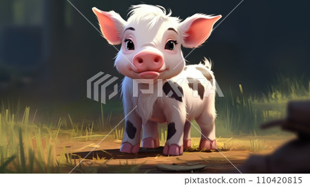 AI-generated content. A small white and black pig standing in the grass, AI 110420815
