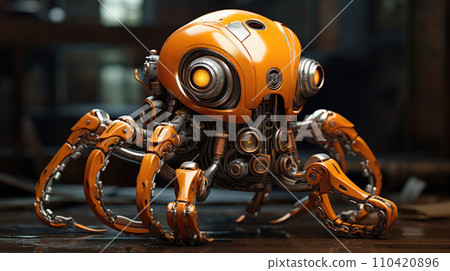 AI-generated content. A robot spider with a yellow face and orange eyes, AI 110420896