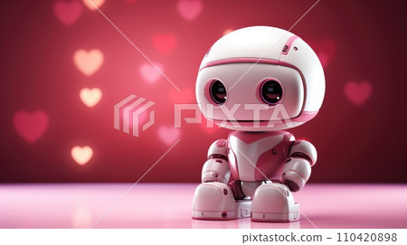 AI-generated content. A small robot with a heart shaped background in the foreground, AI 110420898