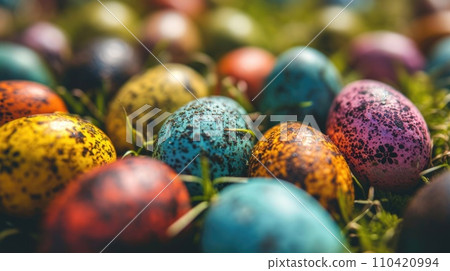 AI-generated content. A close up of many colorful eggs laying on the grass, AI 110420994