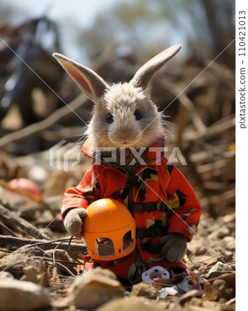 AI-generated content. A stuffed rabbit wearing a red jacket and orange helmet, AI 110421013