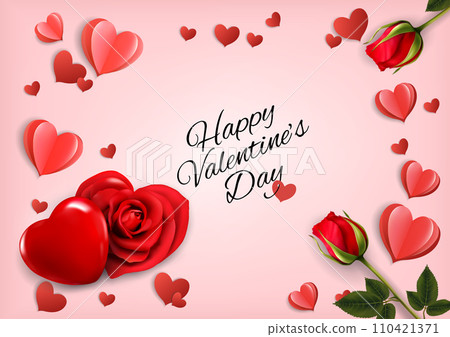 Valentine's Day holiday getting card with red rose shape heart and paper hearts. Vector illustration 110421371