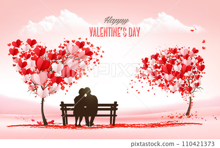 Valentine's Day holiday getting card with heart shape tree and couple in love on a bench. Concept of love. Vector Valentine's Day holiday getting card with heart shape tree and couple in love on a bench. Concept of love. Vector 110421373
