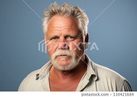 AI-generated content. Portrait of a senior man with white beard and mustache on a blue background. 110421684