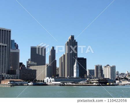 Port of San Francisco Ferry building and cityscape of Downtown San Francisco on a clear day Port of San Francisco Ferry building and cityscape of Downtown San Francisco on a clear day 110422056