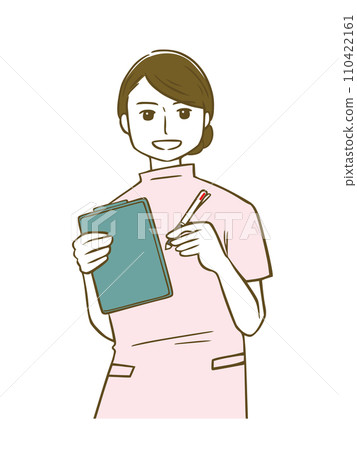 A female nurse in a pink nurse uniform taking notes on a clipboard 110422161
