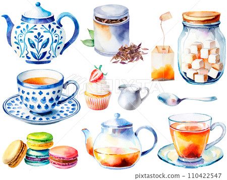 Tea break watercolor illustration set Tea break watercolor illustration set 110422547